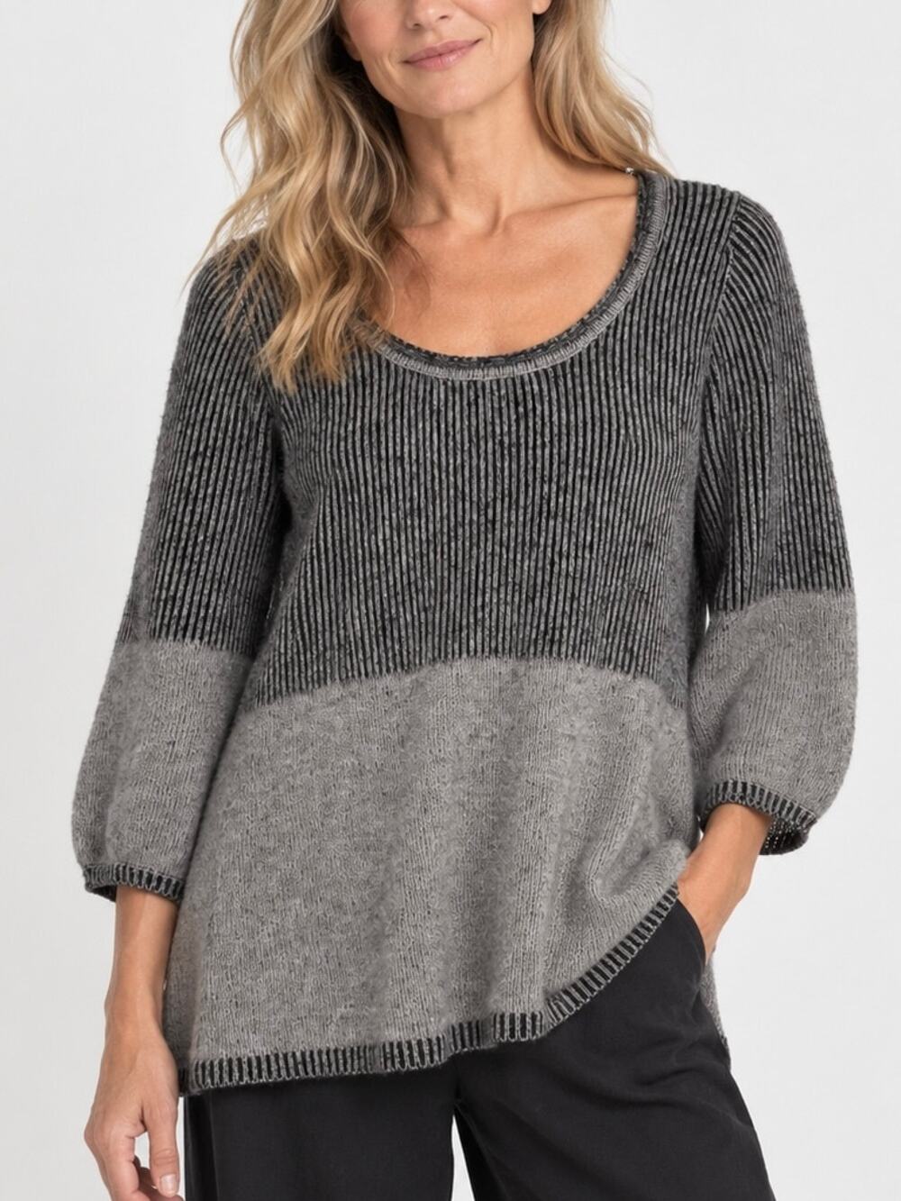 Margaret O’Leary 100% Cashmere Sweater Scoop Neck Colorblock Rib Knit Gray Black